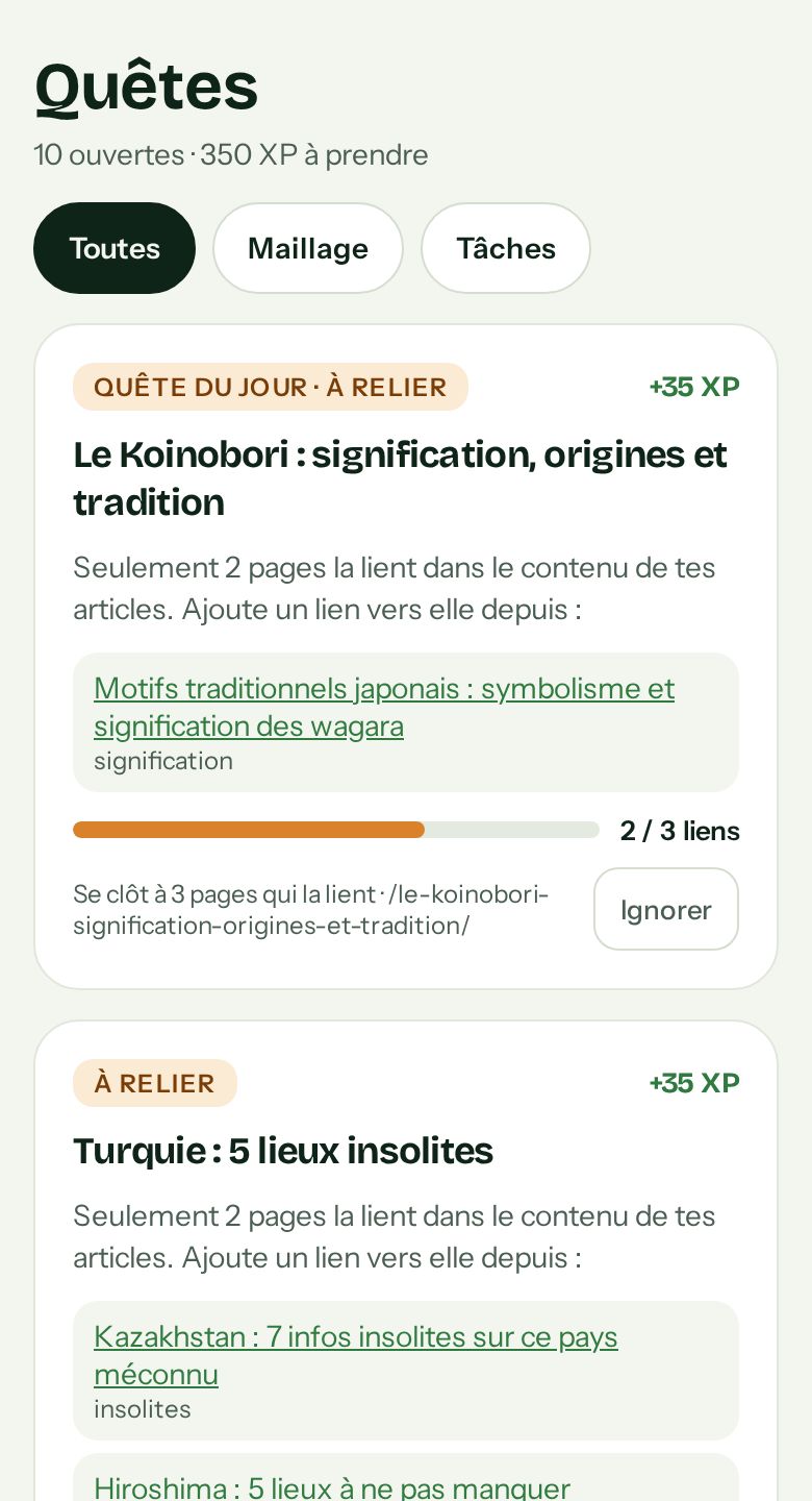 Quêtes de WPGermeo : pages à relier avec des idées de liens